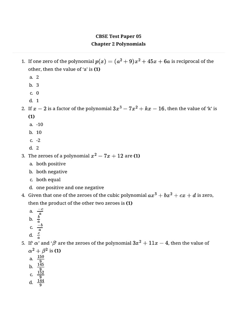 CBSE Polynomials Test Paper Solutions | PDF | Polynomial | Zero Of A ...
