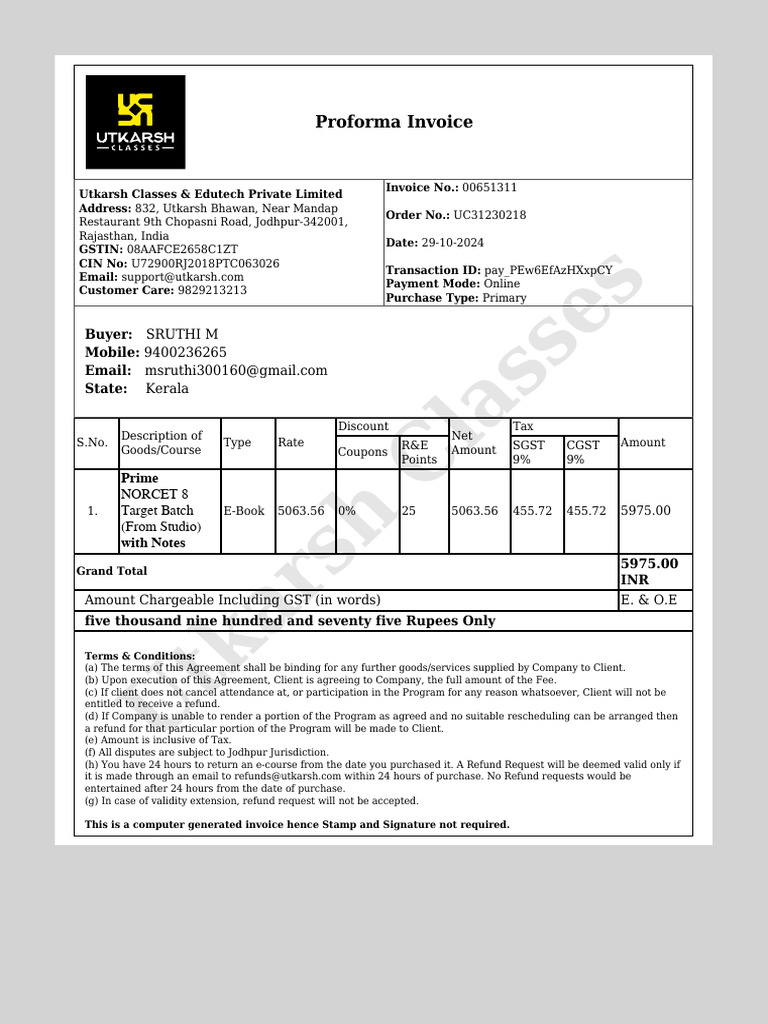 Utkarsh Classes: Proforma Invoice | PDF | Invoice | Government Finances