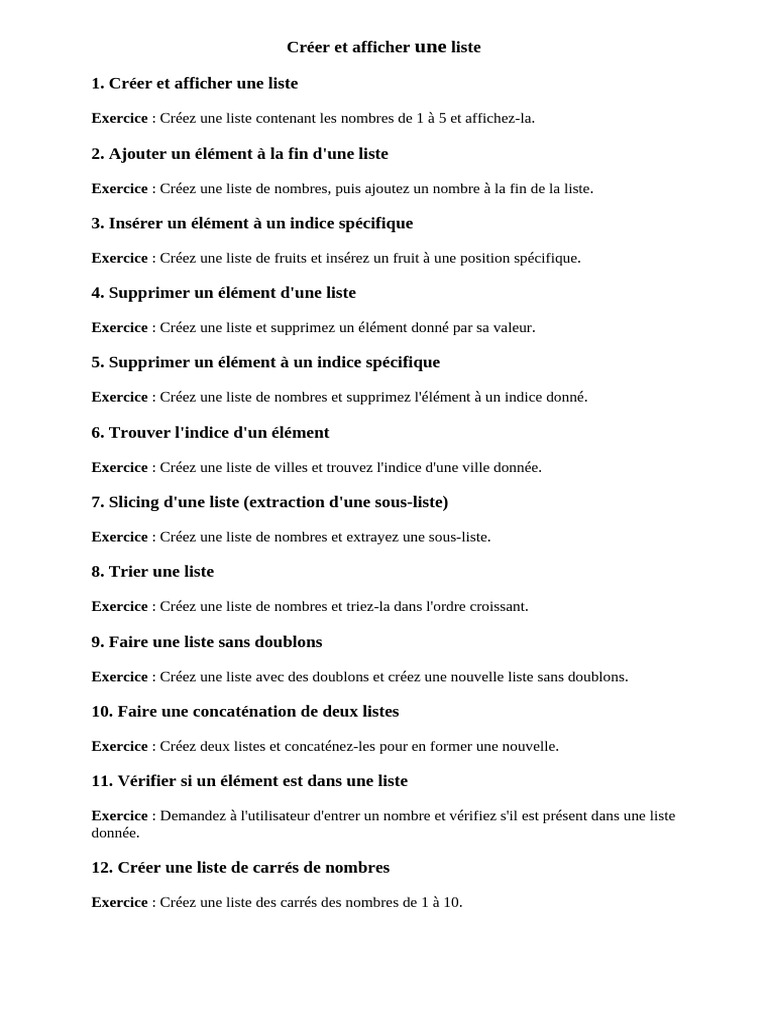Exercices pratiques sur les listes en Python | PDF