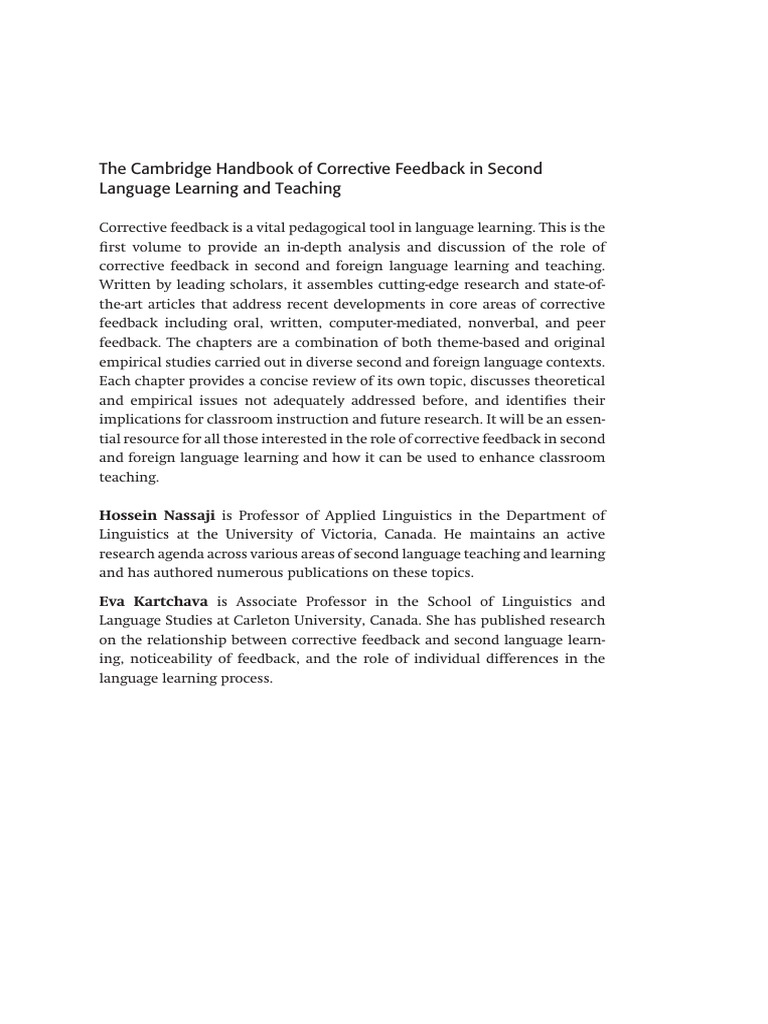 The Cambridge Handbook of Corrective Feedback in Second Language