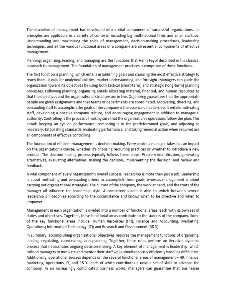 Functions of Management - Thought Paper | PDF | Leadership | Decision ...