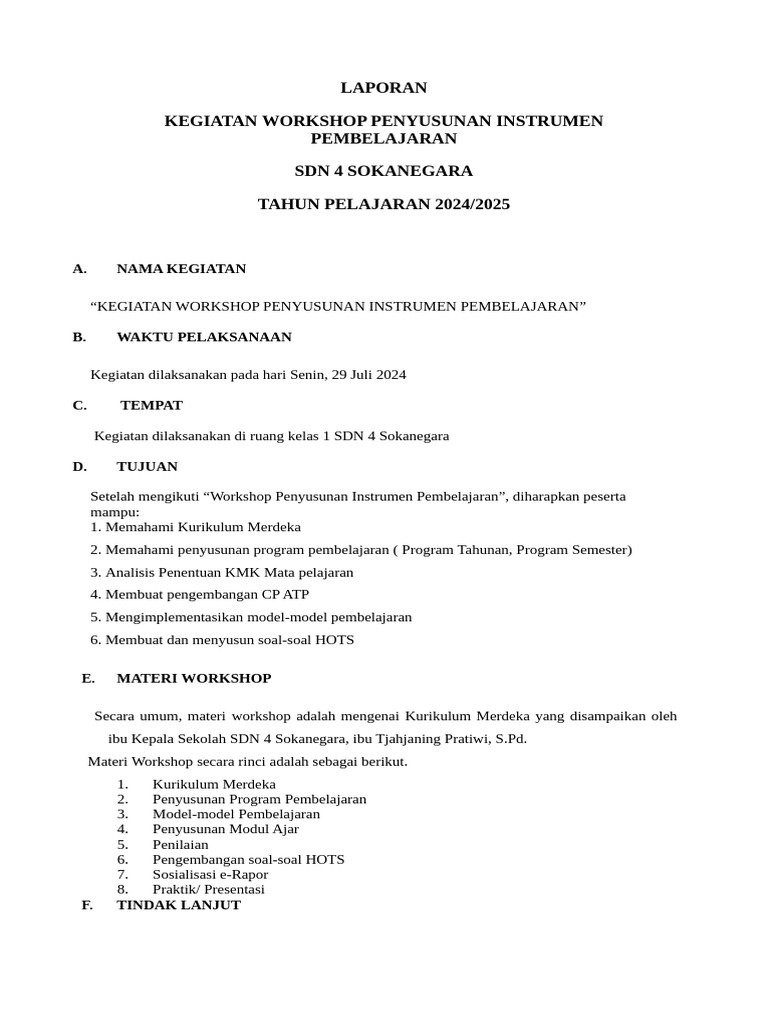 Laporan Workshop Kurikulum Merdeka | PDF