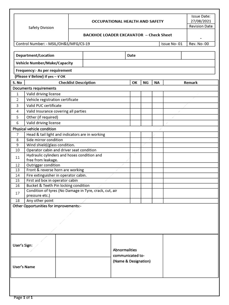Backhoe Loader Excavator Check Sheet Pdf Loader Equipment