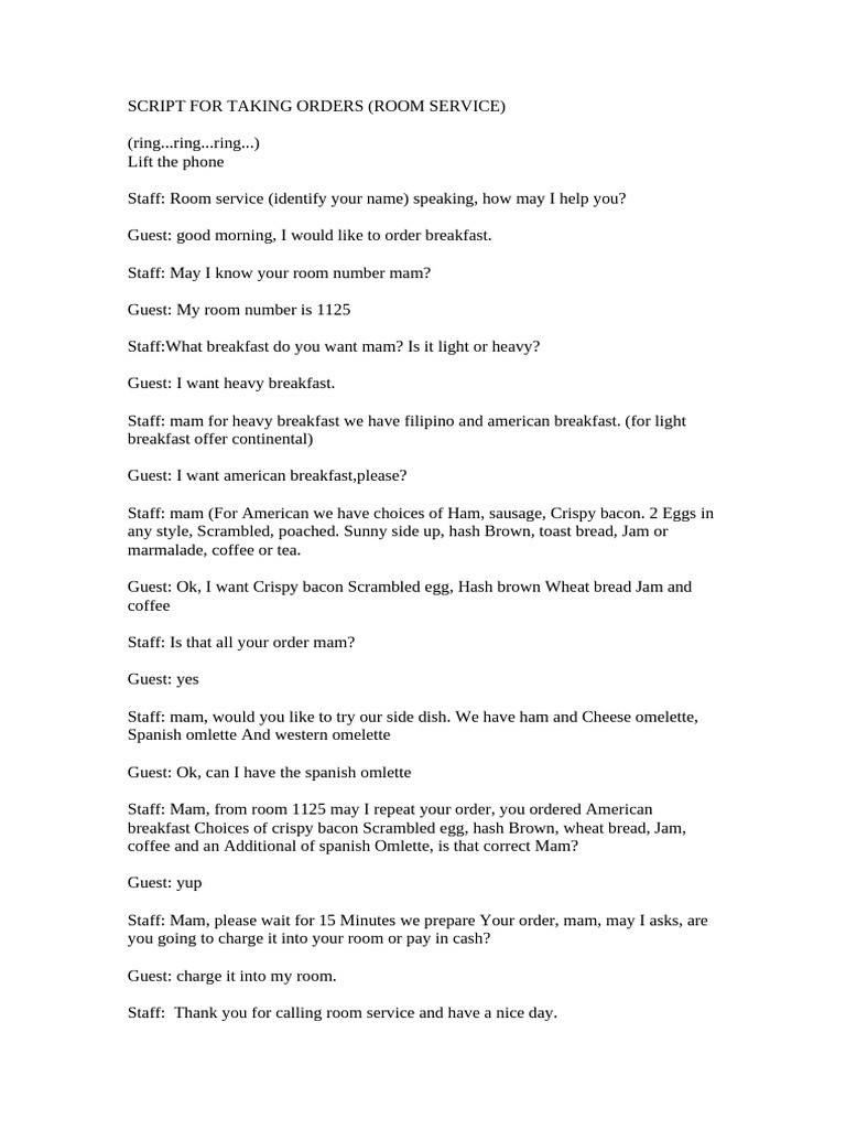 Script For Taking Orders Room Service 1 | PDF | Waiting Staff | Foods