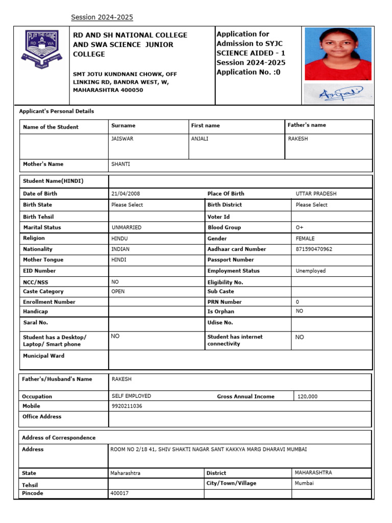 SYJC Science Admission Form 2024-25 | PDF