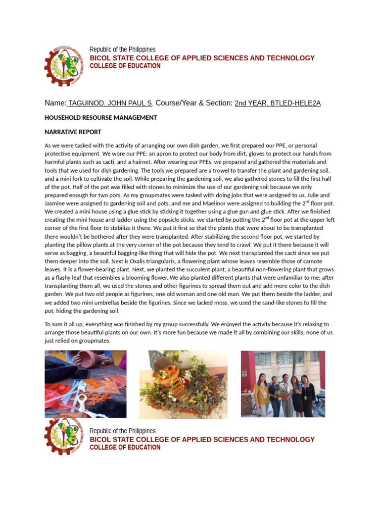 NARRATIVE REPORT HRMh | PDF | Personal Protective Equipment | Botany