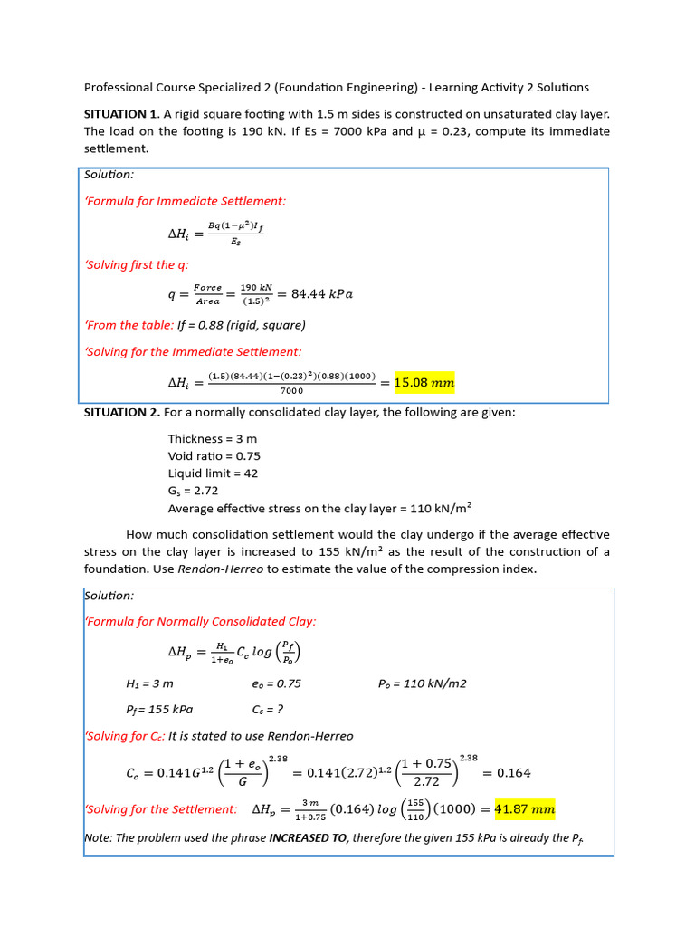 Immediate and Consolidation Settlement Calculations | PDF | Soil ...