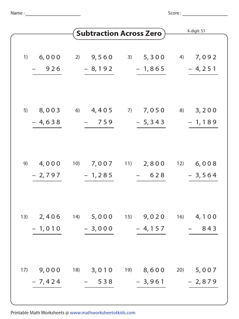 WK5 Subtract Across Zeros Worksheet PDF