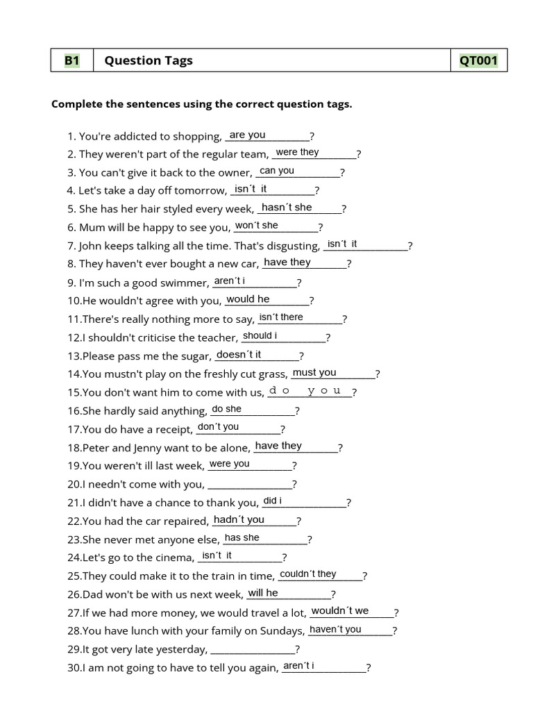 Question Tags Practice Worksheet | PDF