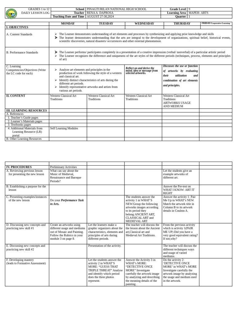 Grade 9 MAPEH Arts Daily Lesson Plan | PDF | Learning | Paintings