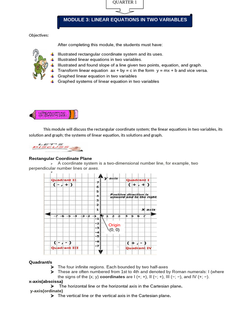 Quarter 1. Module 3. Linear Equations in Two Variables | PDF ...