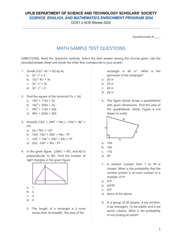 DOST REVIEW 2024 MATH Test Questionnaire | PDF | Rectangle | Area