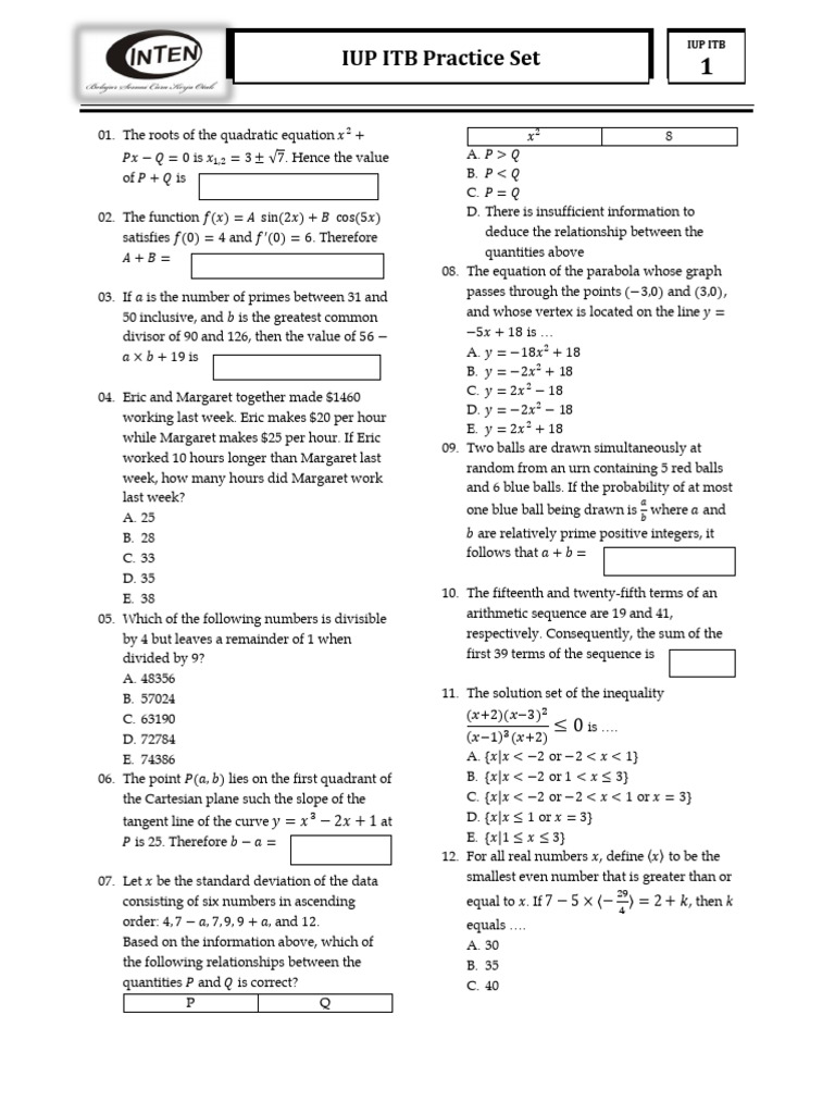 IUP ITB Mathematics Practice Set | PDF | Algebra | Mathematics
