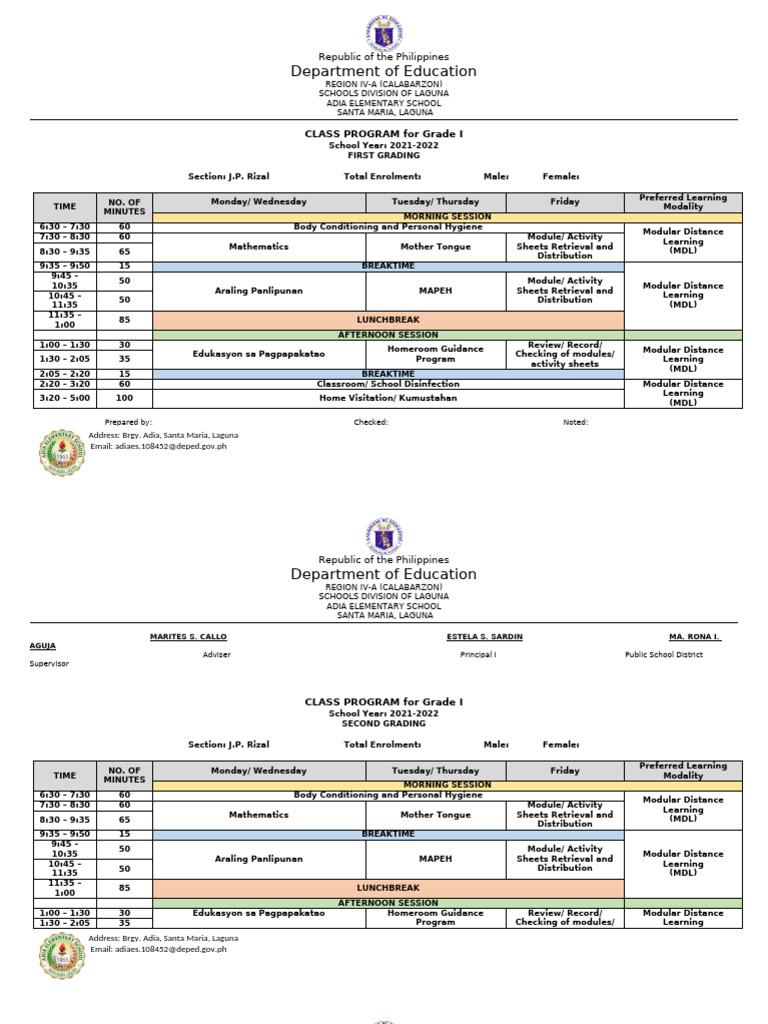 Grade I Class Program 2021-2022 | PDF