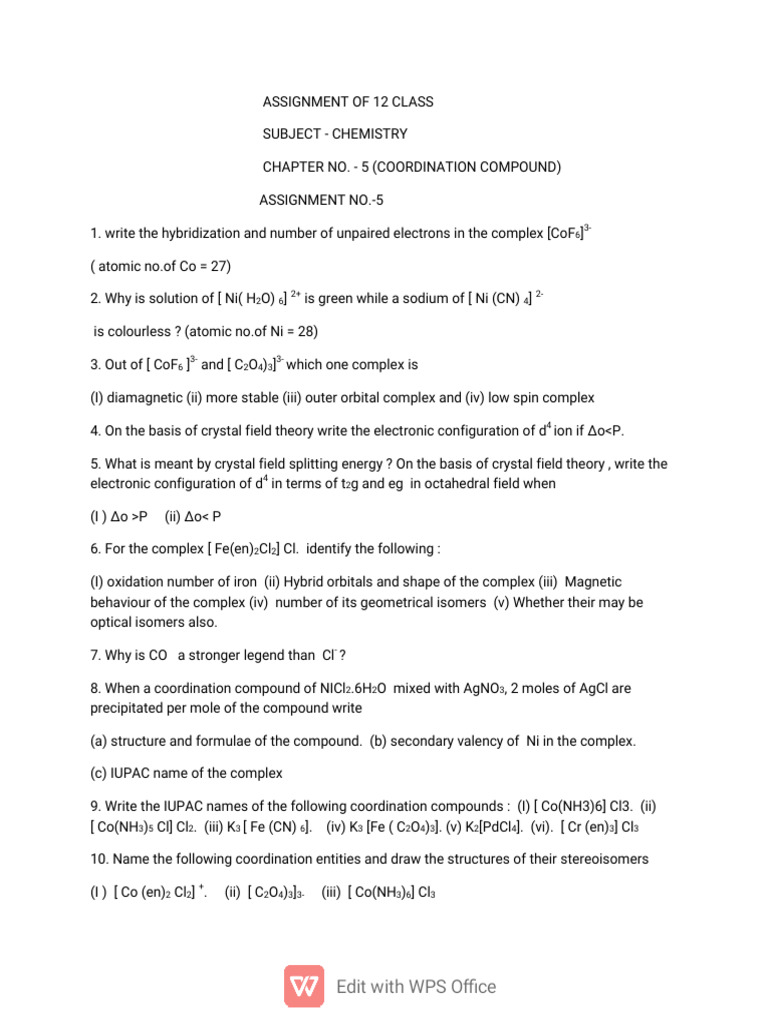 Chemistry Assignment for Class 12 | PDF