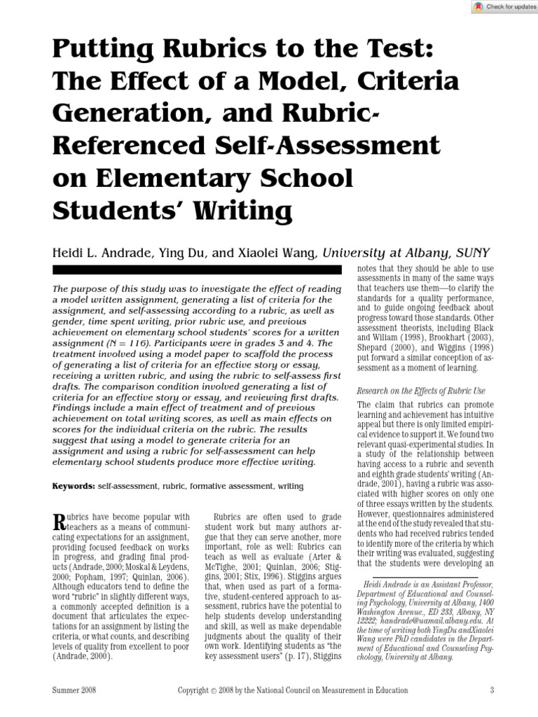 Educational Measurement 2008 Andrade Putting Rubrics To The Test