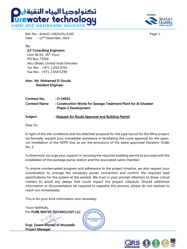 Route Approval Request for Sewage Project | PDF