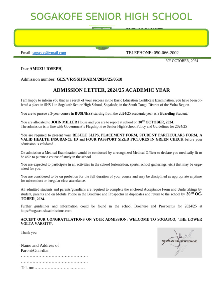 Sogakofe SHS Admission Letter 2024/25 | PDF