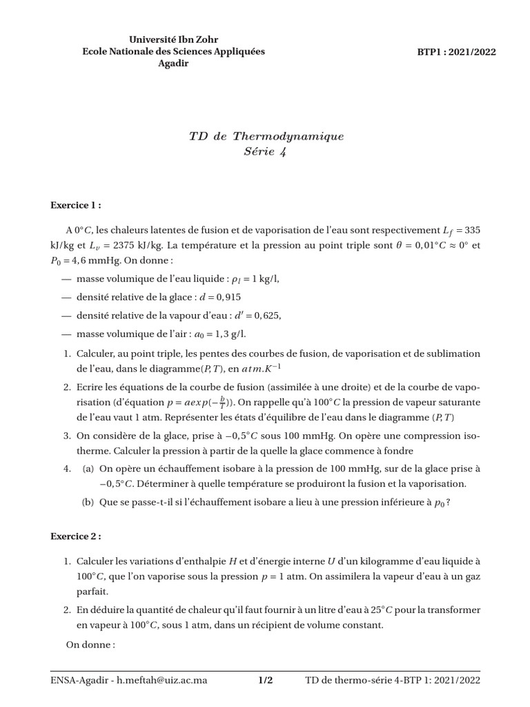 TD de Thermodynamique : Exercices et Calculs | PDF | Chaleur | Capacité ...