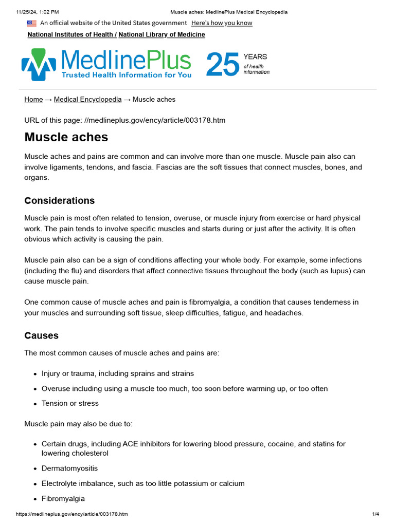 Muscle aches_ MedlinePlus Medical Encyclopedia | PDF | Pain | Fibromyalgia