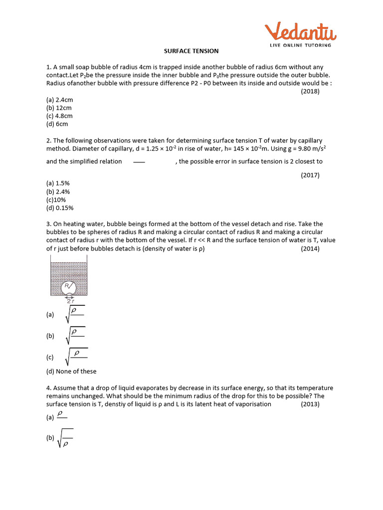 Surface Tension Concepts and Problems | PDF | Surface Tension ...