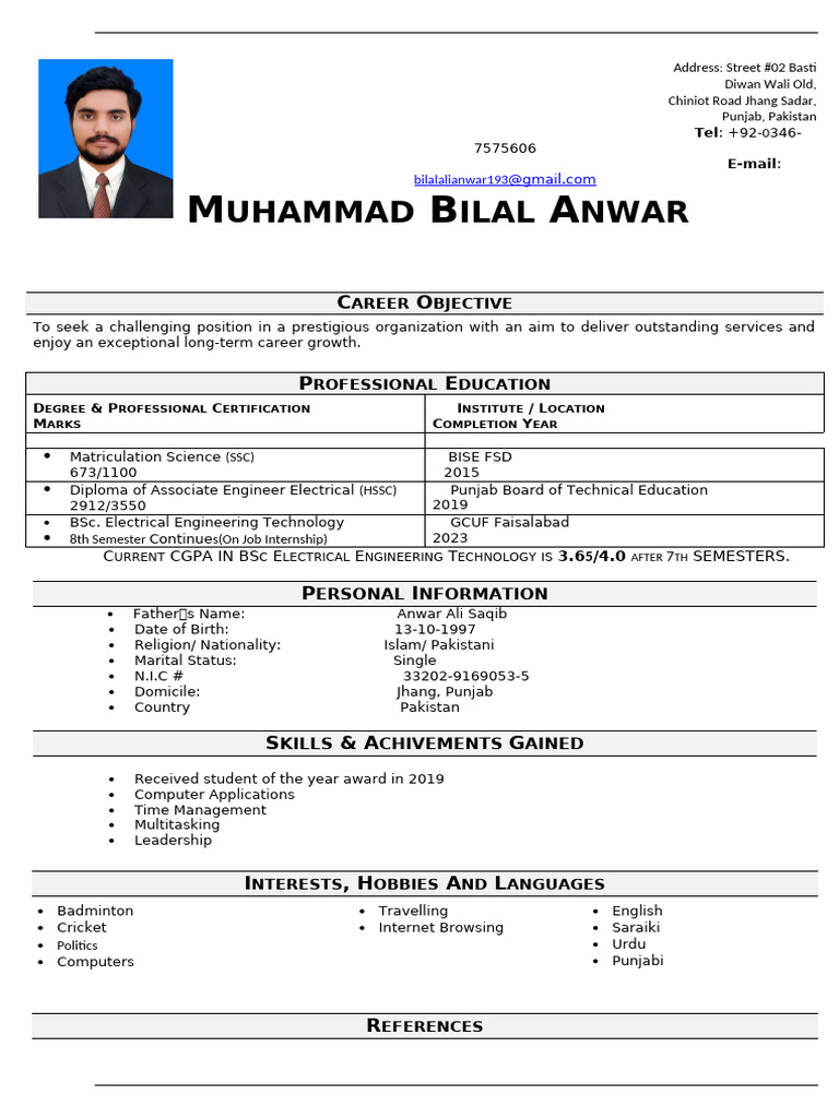 Bilal Anwar CV 1 | PDF | Pakistan | Asia
