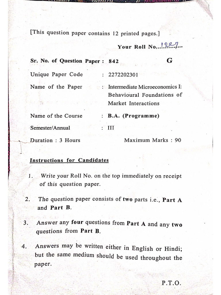 Intermediate Microeconomic Question Paper | PDF