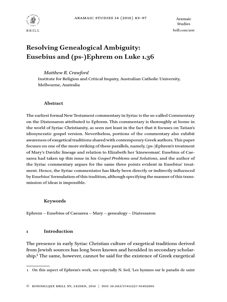 Resolving Genealogical Ambiguity: Eusebius and (PS-) Ephrem On Luke 1. ...
