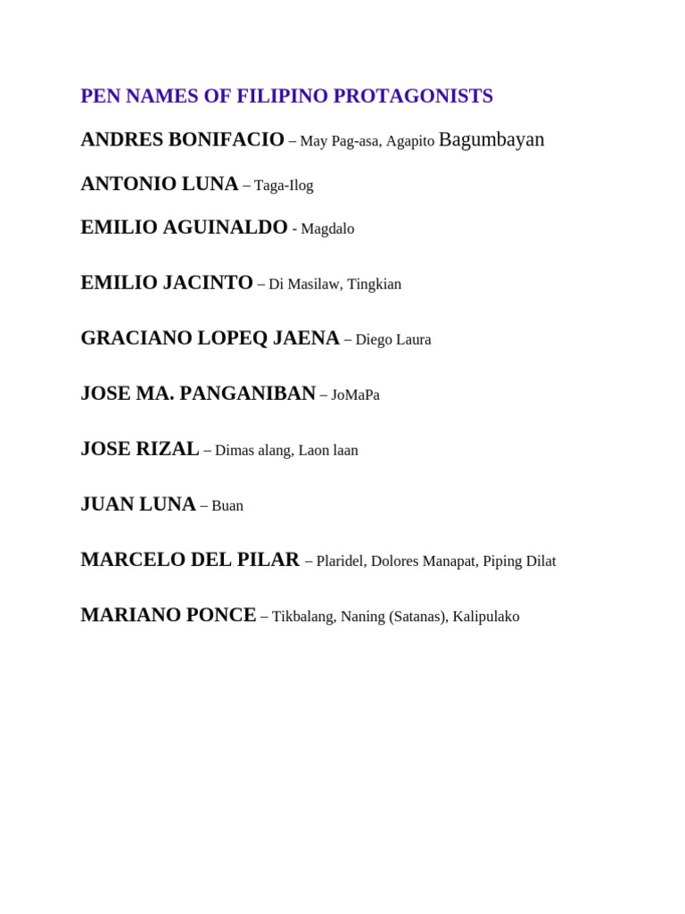 Filipino Protagonists' Pen Names | PDF