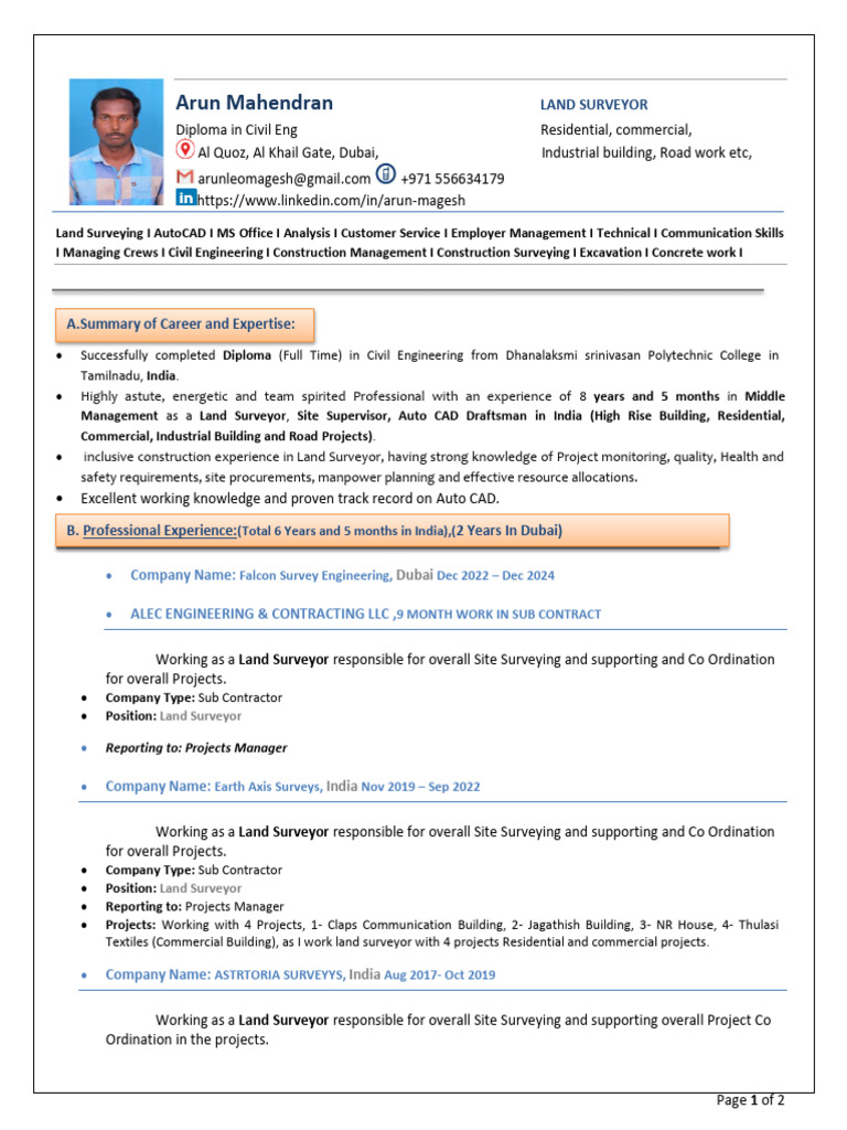 Resume Arun Mahendren 2024-1 | PDF | Surveying | Engineering