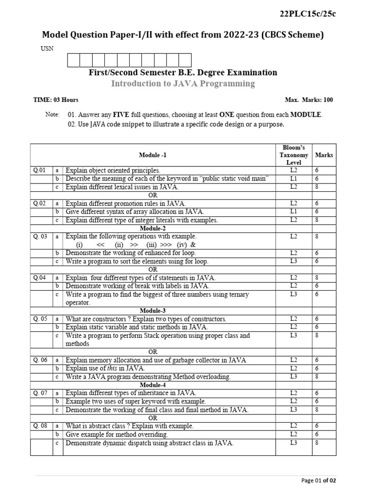 JAVA Programming Model Question Paper | PDF | Method (Computer ...