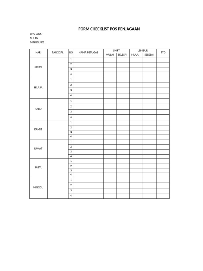 Checklist Pos Penjagaan Bulanan | PDF