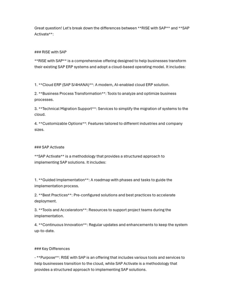 RISE vs. SAP Activate: Key Differences | PDF