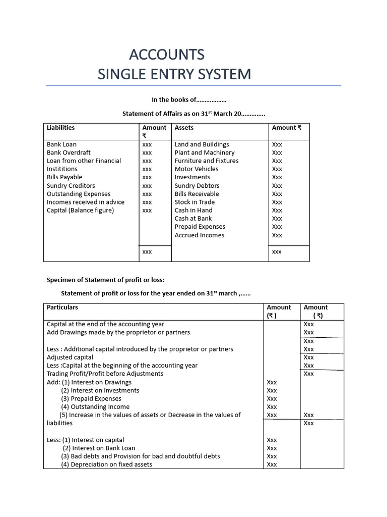 ACCOUNT1 Single Entry System Formate | PDF | Expense | Business Economics