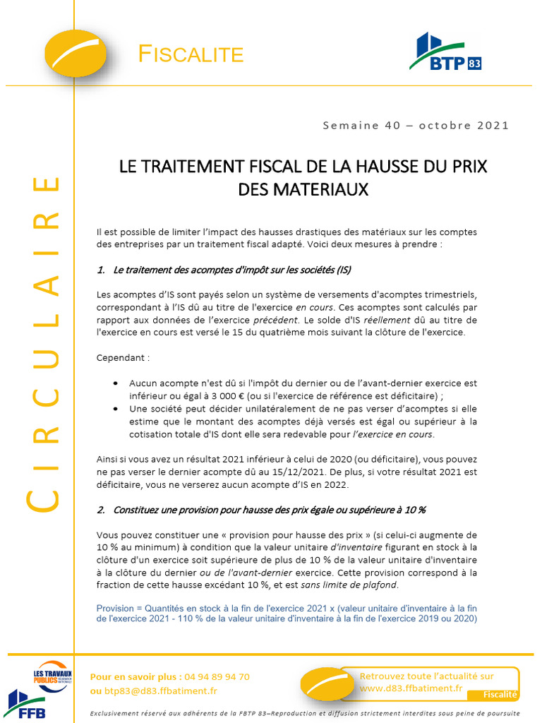 Traitement fiscal hausse matériaux BTP | PDF | Impôts | Financement du ...
