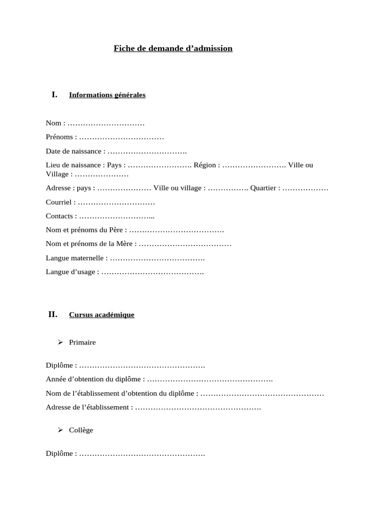 Fiche de Demande d'Admission Universitaire | PDF