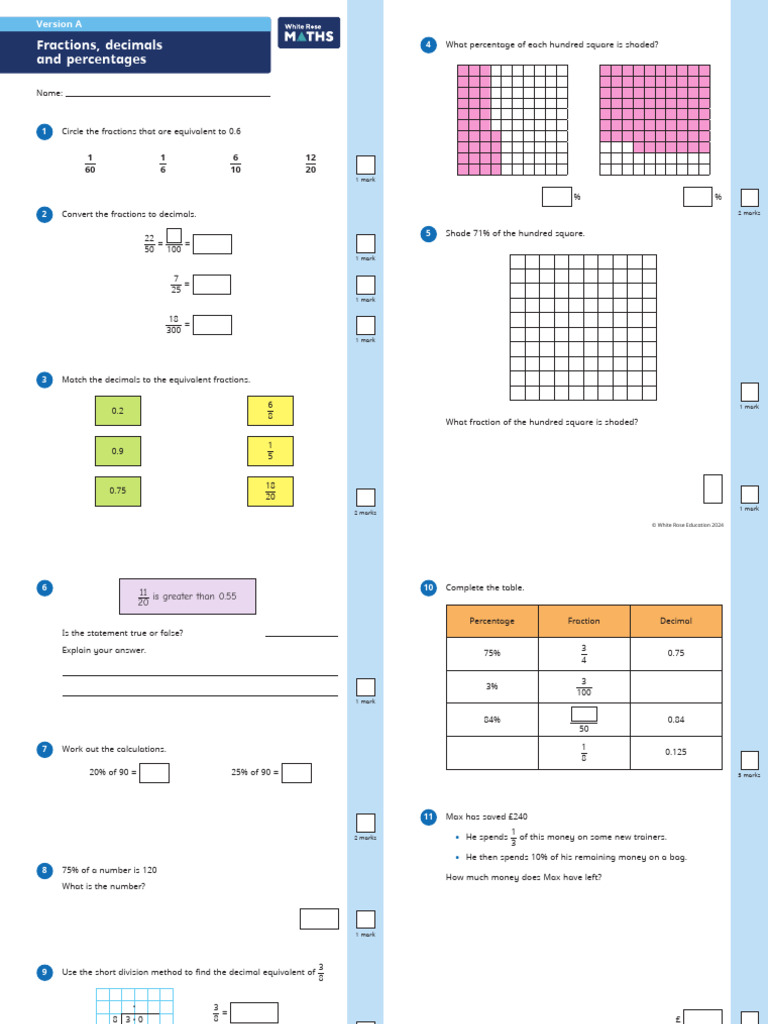 Fractions, Decimals, and Percentages Worksheet | PDF | Decimal ...
