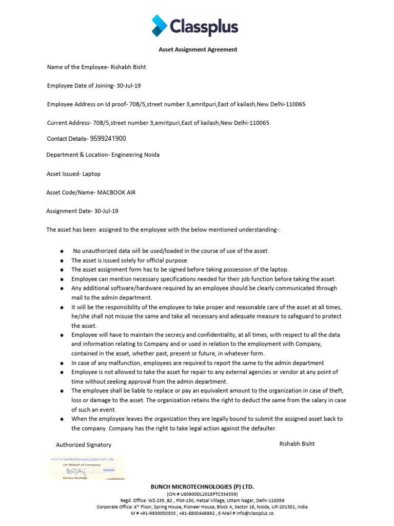 Asset Assignment Agreement for Rishabh Bisht | PDF | Justice | Crime ...