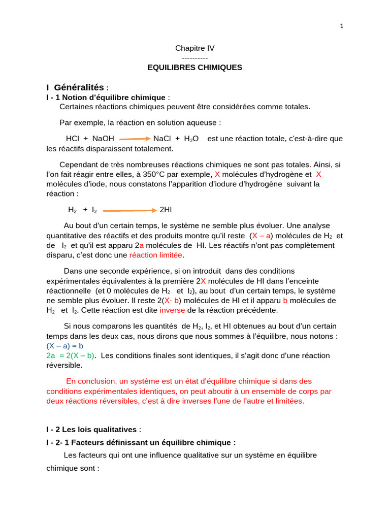 Équilibres chimiques : concepts et lois | PDF | Équilibre chimique ...