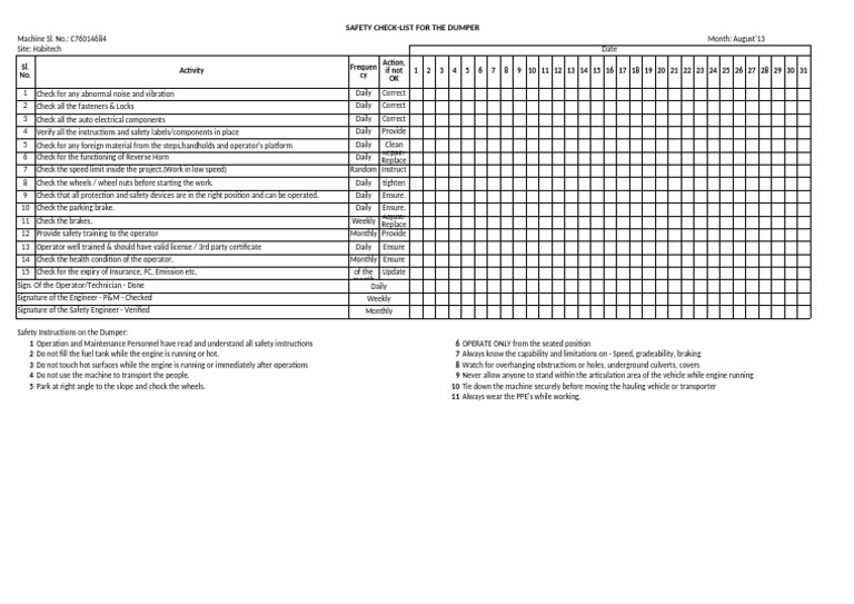 Dumper Safety Checklist August 2013 | PDF | Vehicles | Transport