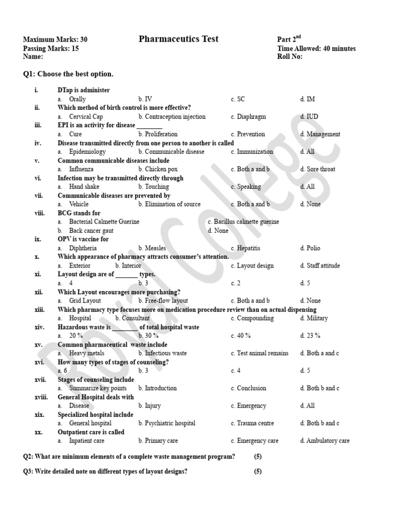 Pharmaceutics Test: Questions & Layouts | PDF | Infection | Vaccines