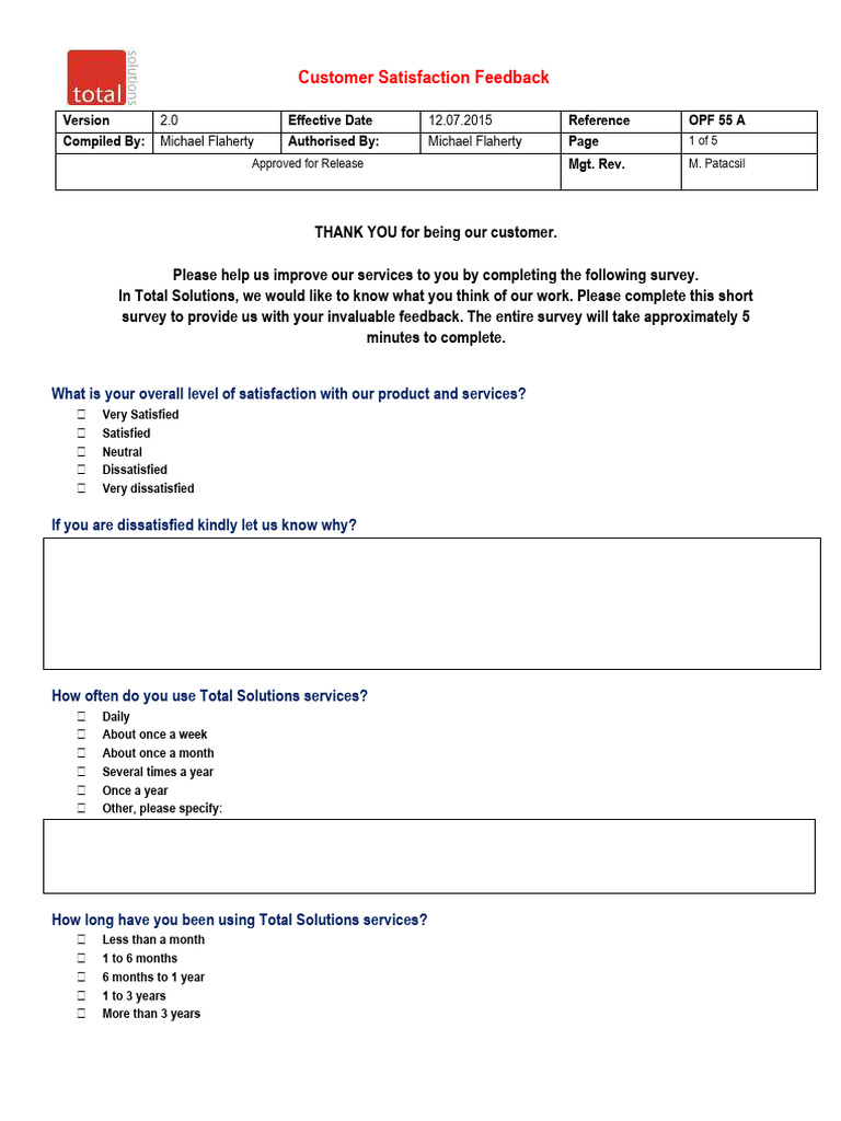 OPF 55 A - Customer Satisfaction Feedback - Sites | PDF | Business ...