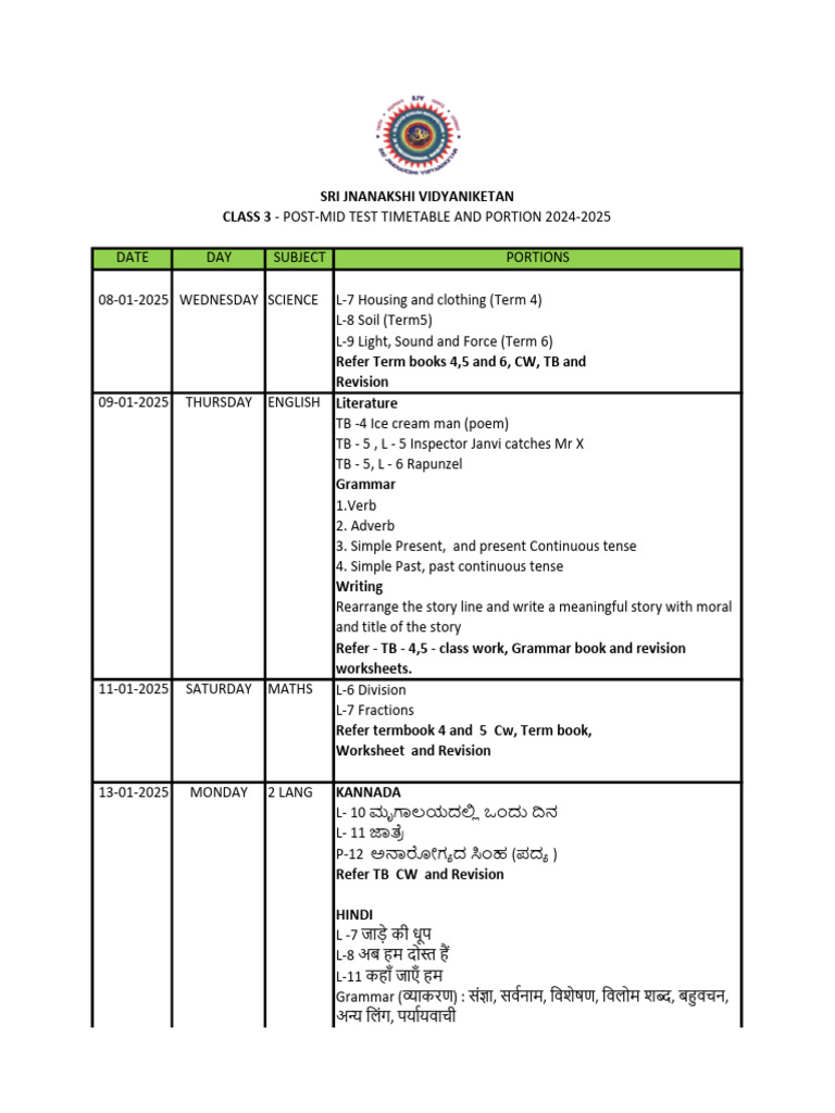 Class 3 Post-Mid Test Timetable 2024-25 | PDF | Syntax | Grammar