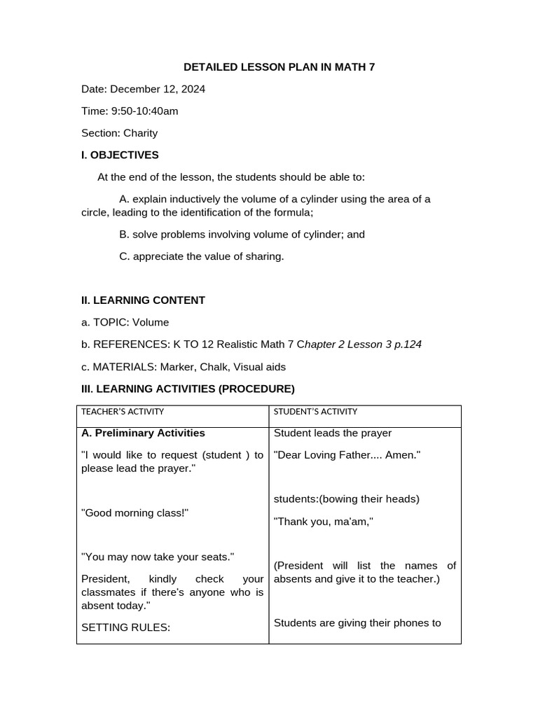 DETAILED LESSON PLAN IN MATH 7 - Dec.10 | PDF | Circle | Area