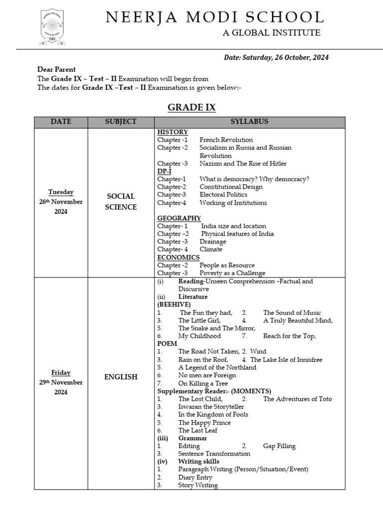 Grade IX-Test - II Exam - Date Sheet and Syllabus-1-1 | PDF | Water ...