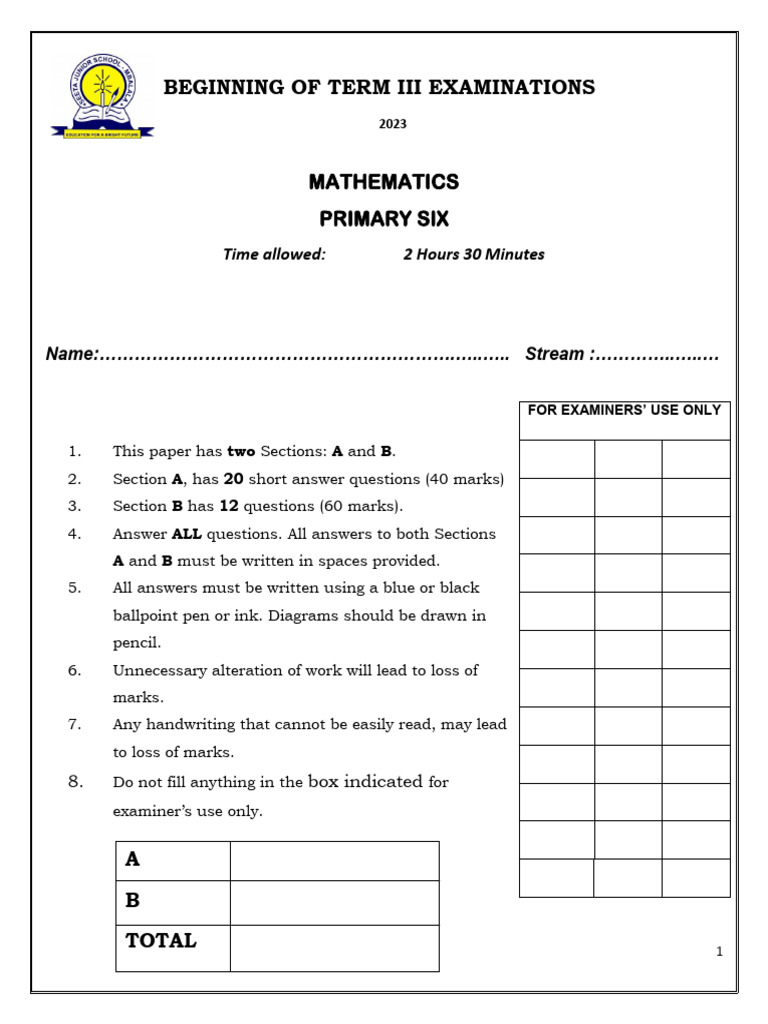 Primary Six Mathematics Exam 2023 | PDF | Mathematics | Arithmetic