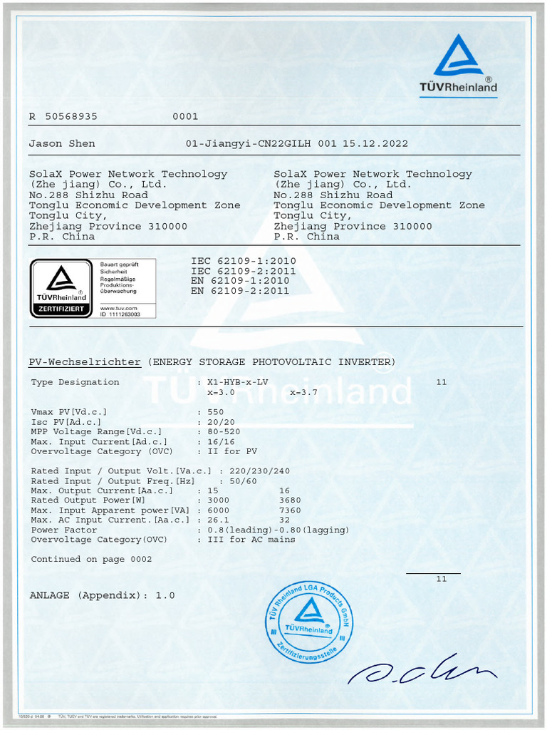 Solax x1 Hybrid LV Ce LVD An 50567629 0001r 50568935 0001 | PDF