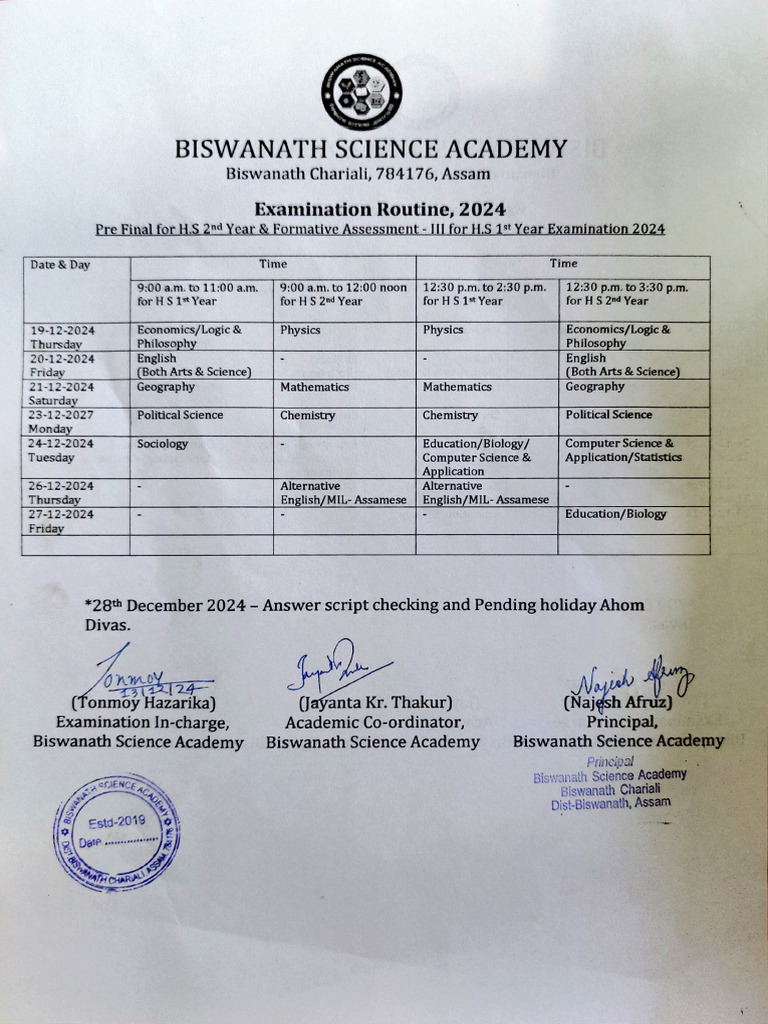HS Exam Routine 2024 - Biswanath Academy | PDF | Science | Observation