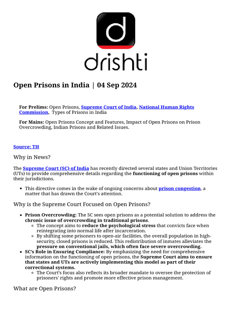 Open Prisons in India: Overview & Impact | PDF | Prison | Punishments