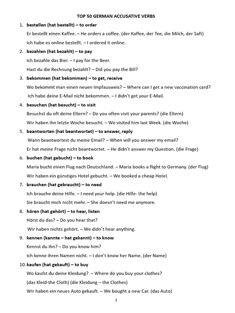 Top 50 German Accusative Verbs | PDF